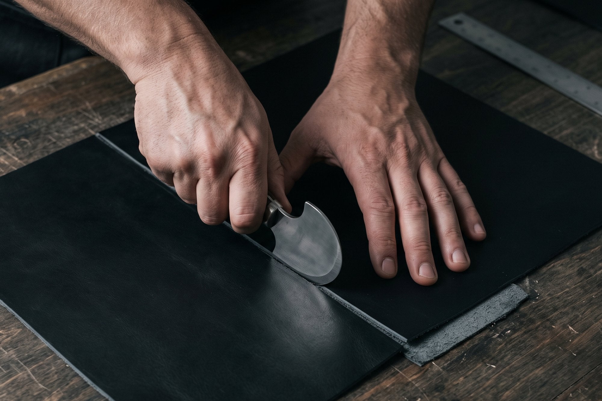 An artisan cutting black leather with a round knife at the workbench — DARMA