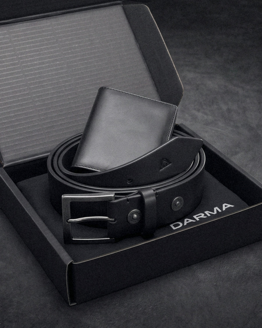 Virtus Belt and Atlas Wallet in Onyx in an open DARMA box, as one set.