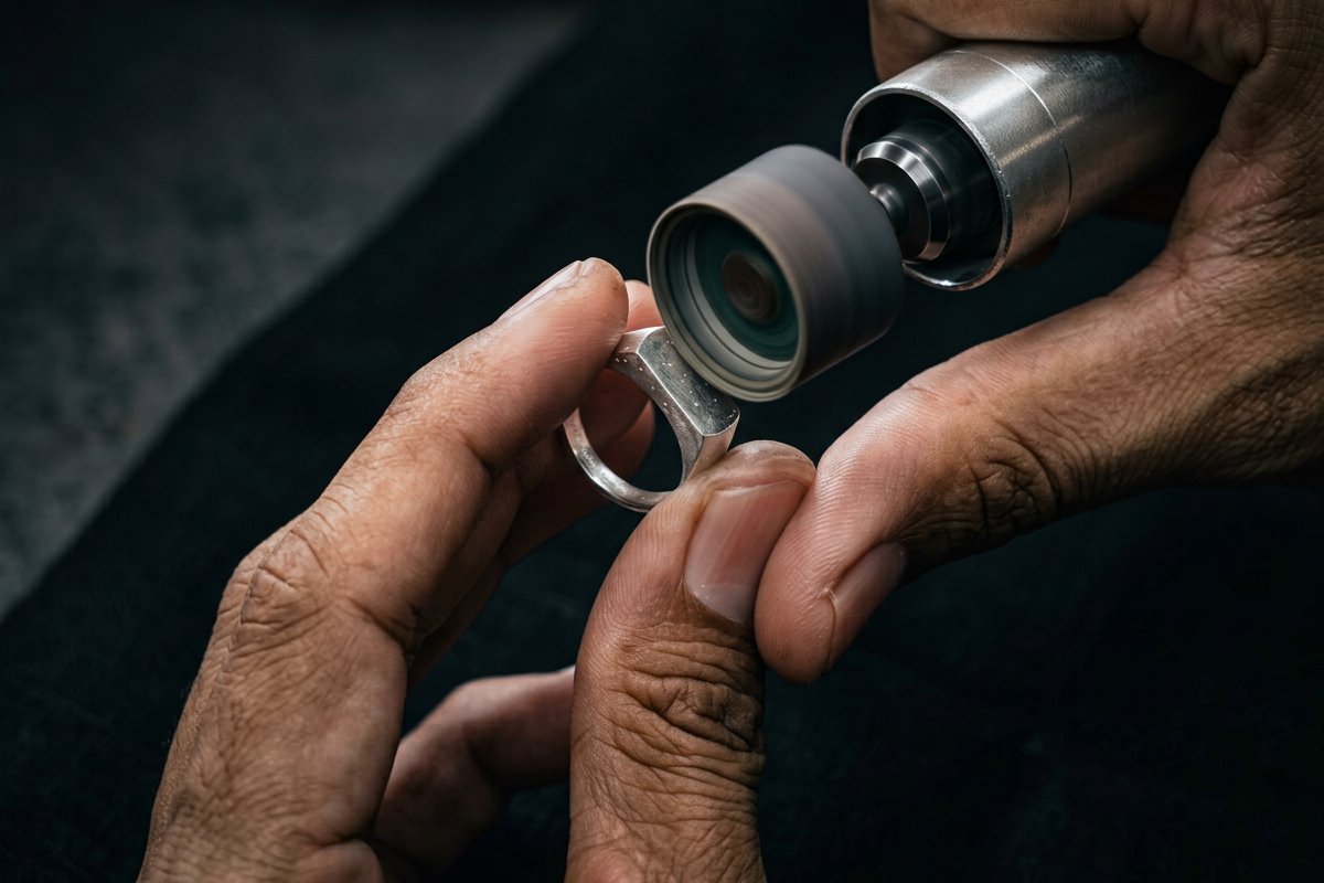 An artisan hand-polishing a sterling silver signet ring on a rotary wheel — DARMA