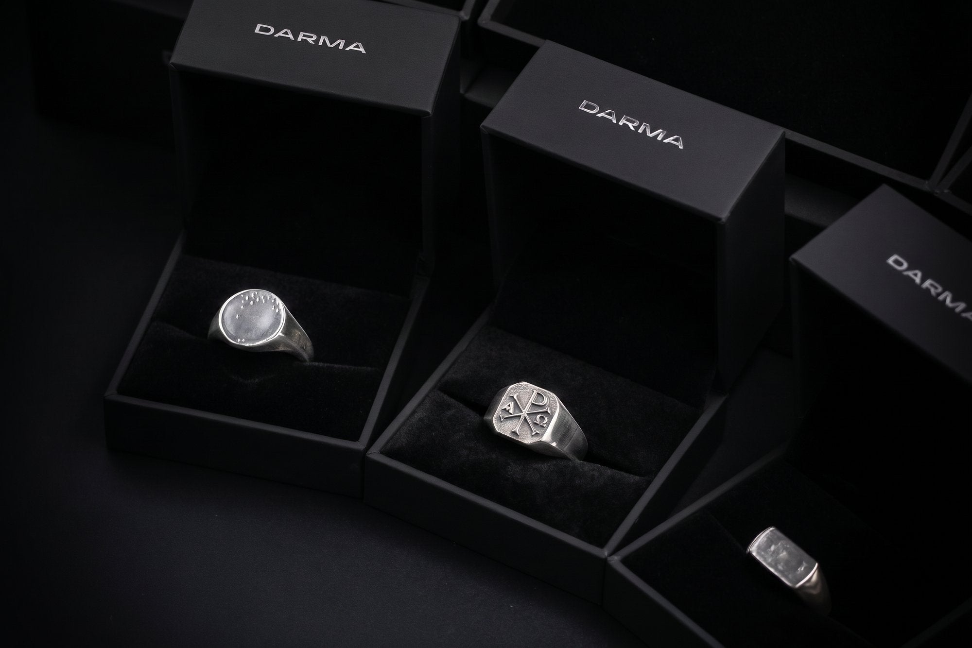 Sterling silver signet rings in branded presentation boxes — DARMA