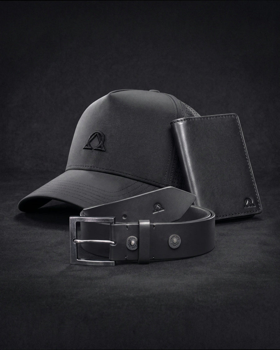 Lux Trucker hat, Virtus Belt and wallet in Onyx on a dark ground.
