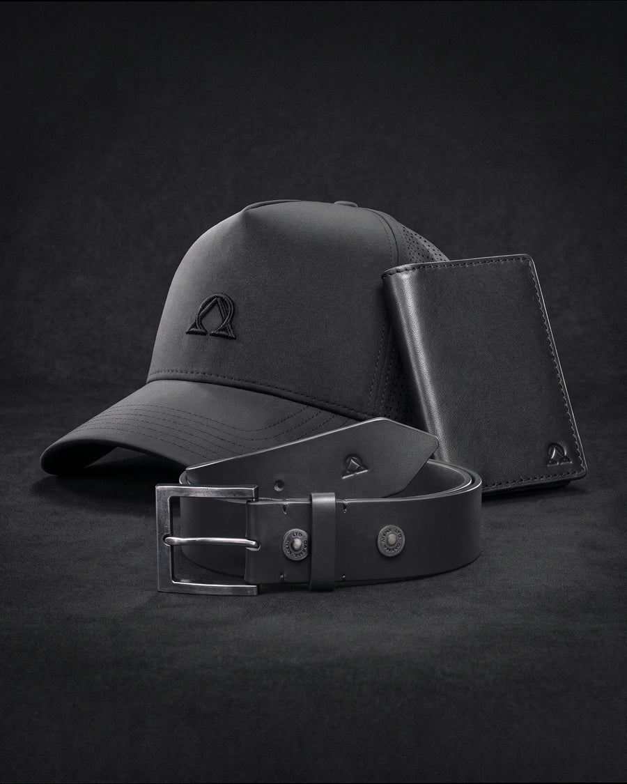 The Standard in Onyx: cap, wallet and belt