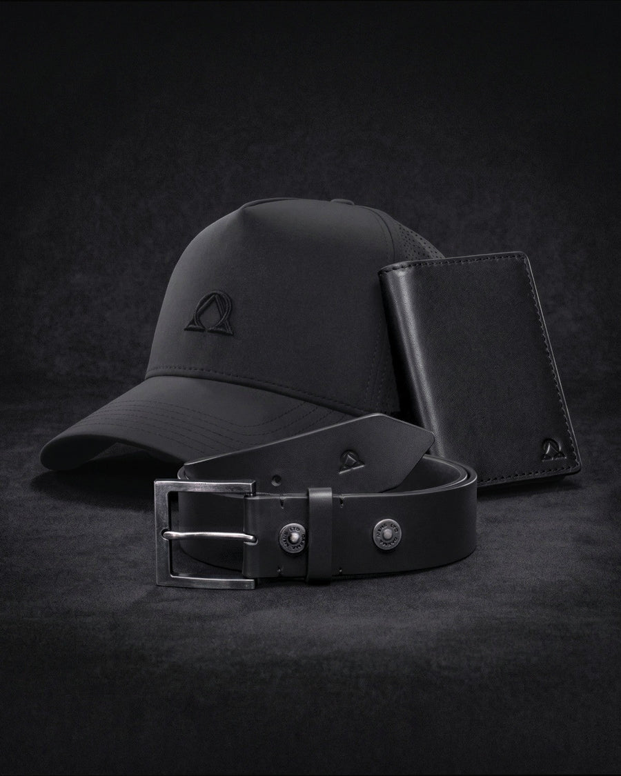 Lux Trucker hat, Virtus Belt and wallet in Onyx on a dark ground.
